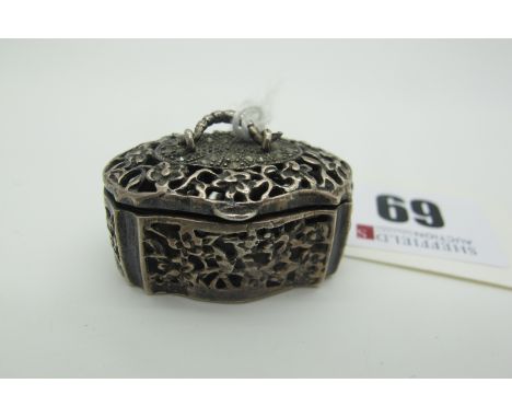 A Decorative Novelty Pill Box, of caddy style with top carry handle, pierced and with inset marcasite highlights, indistinctl