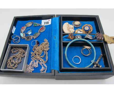 Victorian and Later Costume Brooches, assorted brooches, 'Miracle' bracelet, enamel bangle, chains etc, contained in a jewell