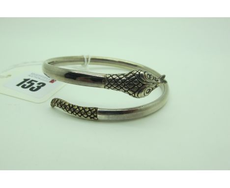 A Hallmarked Silver Serpent Bangle, of crossover design, part textured, Birmingham 1987. 