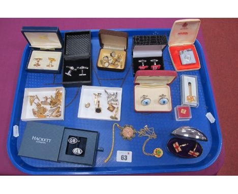 Assorted Cufflinks, including Hackett 'GB', racing cars, Delft style, lighter, tie slide, etc :- One Tray 
