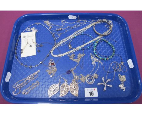 925 and Other Necklaces, chains, earrings, a hinged bangle, bead bracelets etc :- One Tray 
