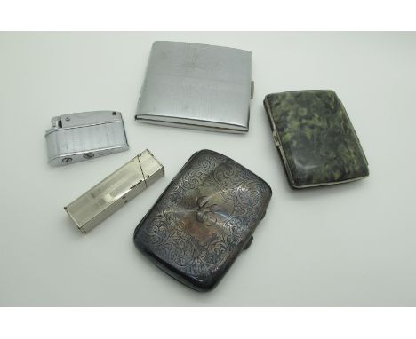 A Hallmarked Silver Cigarette Case, (damages / split) together with two further cigarette cases, Strato Mylflam lighter, etc.