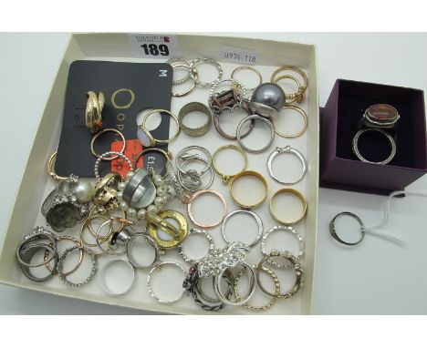 Assorted Modern Dress Rings, including amber set ring stamped "835", dainty signet style ring stamped "9ct&amp;Silver" etc. 