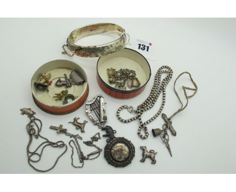 A Victorian Hallmarked Silver Irish Harp Brooch, a fancy link chain, a hallmarked silver hinged bangle, assorted vintage nove