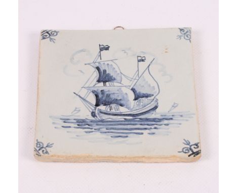 A set of five white Delftware tiles, children's games, two similar tiles, period scenes, and a doll's blue and white teaset