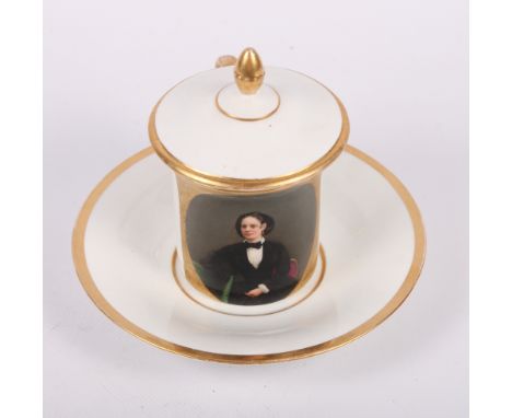 A 19th Century Berlin porcelain chocolate cup and cover with portrait decoration, 5" high