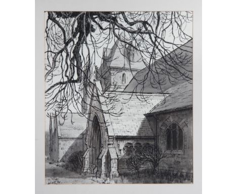 Robert A Willis: a monochrome pen and wash drawing of Christ Church Wimbledon, 16" x 14", and a black crayon drawing, portrai