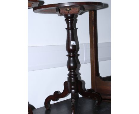 A 19th Century circular mahogany tilt top occasional table, on tripod base, top inlaid chessboard, 18" dia