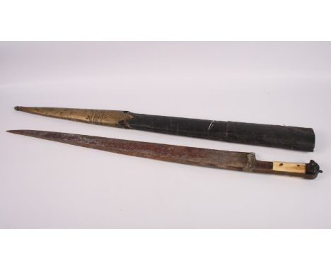 An Arabian sword with bone grip, blade 22 1/2" long, in brass bound leather scabbard