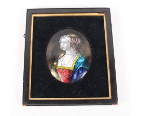 A Limoges 16th Century design enamelled portrait of an unknown noblewoman, 4 3/4" x 4 7/8", in oval velvet mount and ebonised