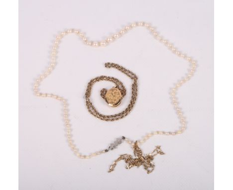 A 9ct gold fine link necklace, 2.3g, a 9ct gold locket, 3.8g gross, a graduated single strand pearl necklace with silver clas