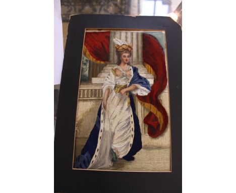 A 19th Century silk embroidered panel, portrait of an unknown noblewoman, 10" x 6 1/4", mounted