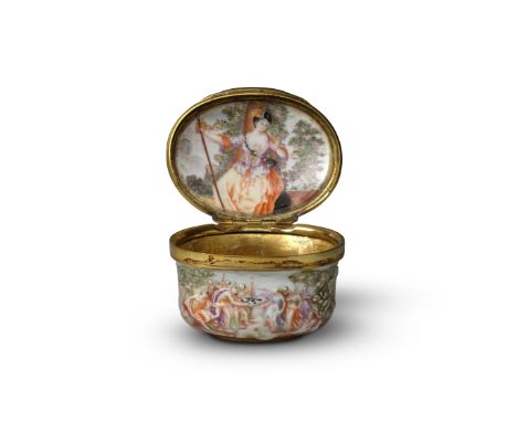 A Doccia porcelain snuff box, circa 1745-50Decorated in basso relievo, all scenes picked out in polychrome colours, the inter