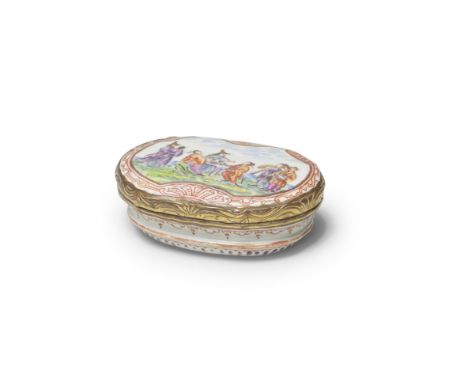 A Du Paquier snuff box, circa 1730The cover with a relief-moulded, polychrome chinoiserie scene within a gilt frame and iron-