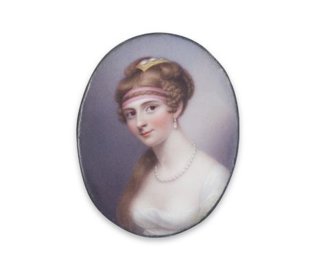 Henry Bone R.A. (British, 1755-1834)Mrs Charlotte Trevanion (1783-1810), wearing white dress, pearl necklace, pearl pendent e