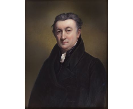 Henry Bone R.A. (British, 1755-1834)Self portrait of the artist, wearing black overcoat, black coat and white cravat. Enamel 