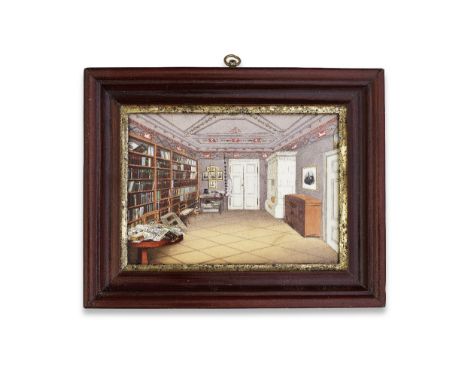 A rare German plaque with interior library scene, Biedermeier period, circa 1820-30The interion view of a library decorated w