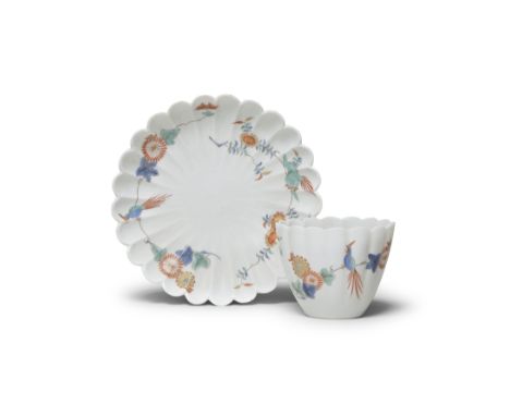 A rare Meissen lobed beaker and saucer from the Japanese Palace, circa 1730Painted in Kakiemon style, each with two birds, ea