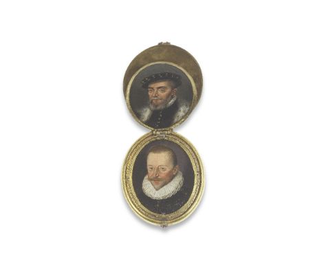German School (circa 1600)A gilt-metal locket containing eight family portraits. Both covers hinged to reveal two hinged pane