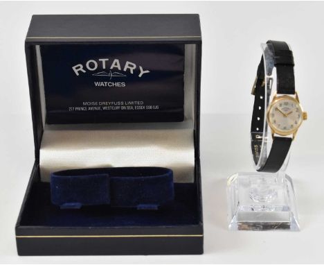 ROTARY; a boxed lady's 9ct yellow gold wristwatch with leather strap. 