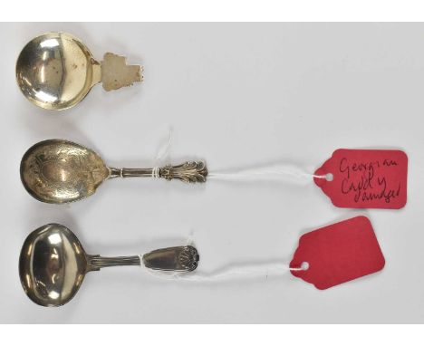 Two Georgian hallmarked silver caddy spoons and a later example (3). 