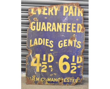 A vintage blue and yellow enamel advertising sign, 'Every Pair Guaranteed', 89 x 59cm.