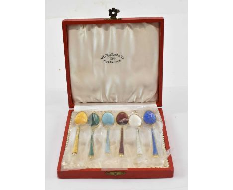 A set of six Danish 925 grade silver and enamel coffee spoons, approx 1.5ozt/51g. 