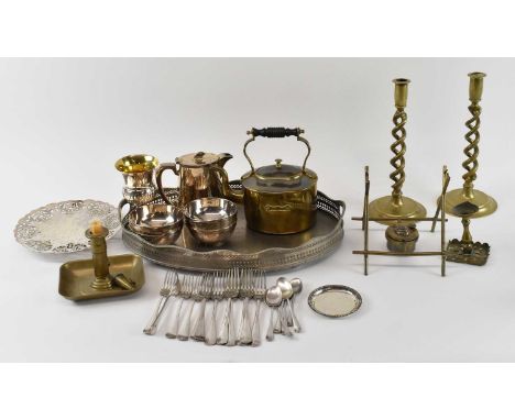 A small quantity of assorted plated items including oval tray, set of six bowls, goblets, pierced comport, also a brass kettl