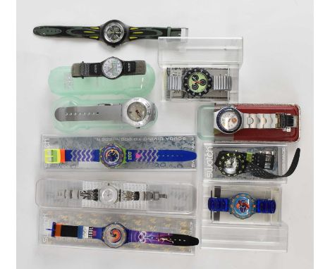 A group of ten Swatch watches including the Scuba 200, Atlanta 1996 Olympic watch, Swatch Team watch etc.