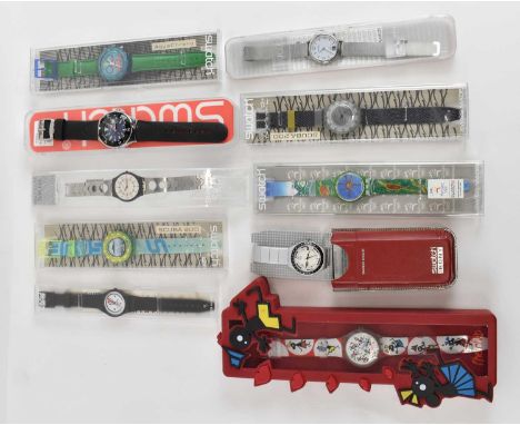 A group of ten Swatch watches including the Scuba 200, Skin, Sidney 2000 Olympic watch, the Club etc.