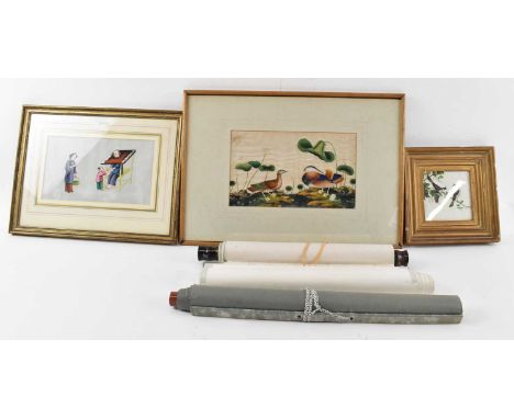A group of three Chinese pith paintings on silk, one depicting Punishment, another of ducks, the other of birds amongst folia