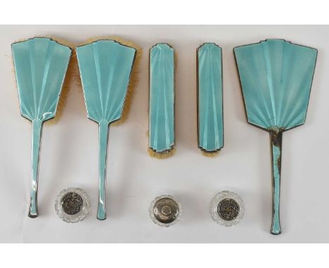 HORTON &amp; ALLDAY; a George V Art Deco hallmarked silver and blue guilloche enamel five piece dressing table set, comprisin