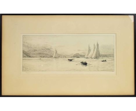 W L WYLLIE; a 19th century etching, yachting scene, on Loch Long, 16 x 40.5cm, framed and glazed.