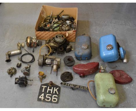 MOTORCYCLE INTEREST; a collection of items including engine, fuel tanks, number plates, parts etc.