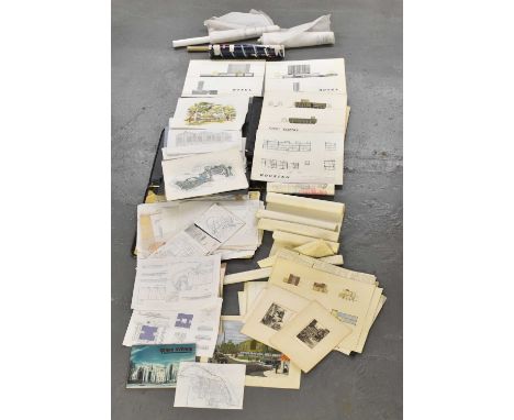 An extensive collection of architectural drawings and prints, contained in three folio folders and multiple rolls.