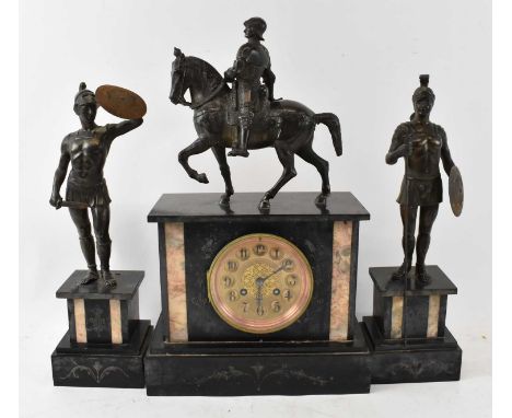 A late 19th century slate mantel clock with spelter model of a warrior on horseback, with pair of garnitures both with spelte