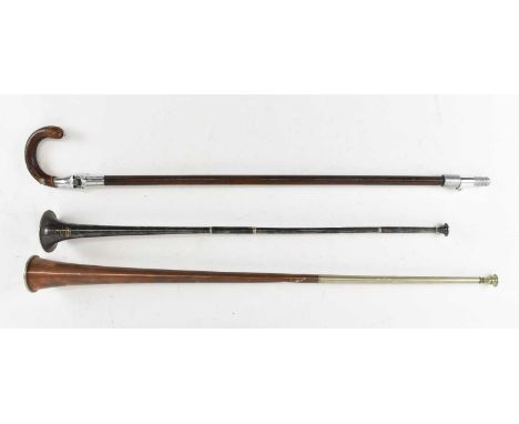 HOWELL OF LONDON; an early 20th century shooting stick, 'The Scout Seat', also two bugles, one manufactured by A. Hays of 26 