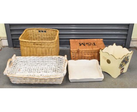 A Fortnum &amp; Mason wicker hamper basket, a white painted waste paper bin, a white painted twin handled tray, a large wicke