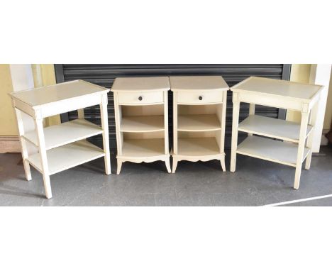 A pair of modern white painted three tier side tables, 55 x 40cm, together with a pair of modern white painted single drawer 