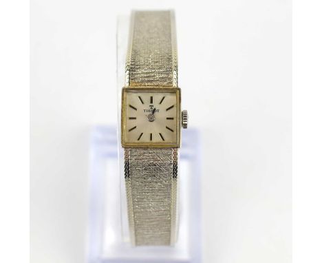 TISSOT; a lady's vintage 9ct white gold watch, the square white dial set with baton increments, crown wound 17 jewel movement