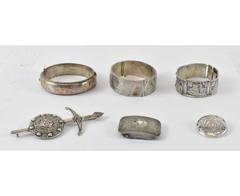 A hallmarked silver bangle, diameter 6cm, another hallmarked silver bangle, diameter 6cm, a 925 hallmarked silver bracelet, a
