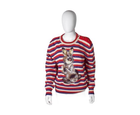 Knitted Bunny Jumper,Gucci,Striped red, blue and cream gilt flecked wool with central bunny motif, enamel ladybird buttons to