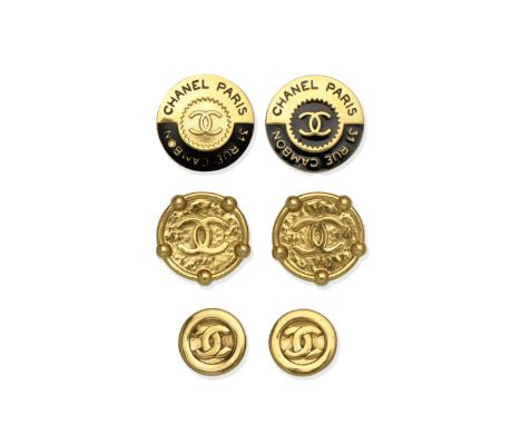 Three Pairs of Clip-On Earrings,Chanel, 1970-80s,To include two gilt metal CC pairs, and one large gilt and black enamel pair