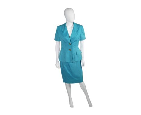 Turquoise Cotton Skirt Suit,Christian Dior, Demi-Couture 1990s,Comprising a short sleeved jacket with large gold tone CD butt