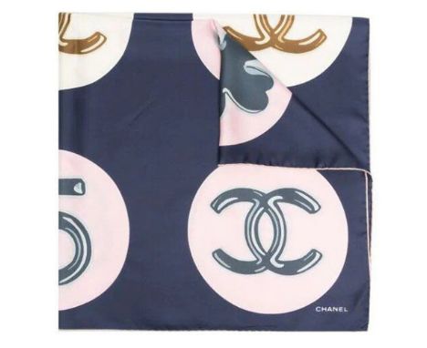 Navy CC Circle Print Silk Scarf,Chanel, CC logo, clover and heart design in circles,Condition Grade A90cm x 90cmFor further i