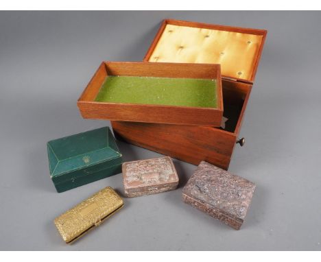 An early 20th century mahogany jewel box, fitted drawer and a tray, 10" wide, two&nbsp;Japanese antimony boxes, a Rolex green