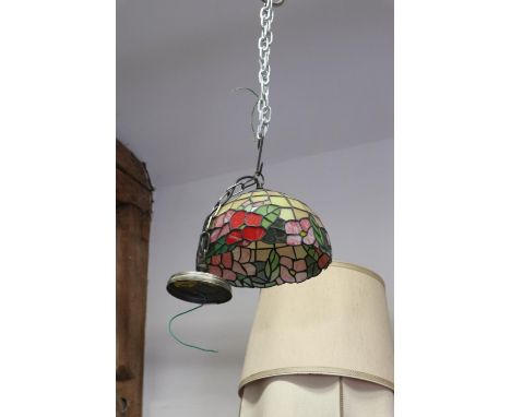 A 1930s design circular leaded ceiling light shade, a pair of leaded glass hexagonal lamp shades, 6" high, and a similar lamp
