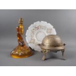 A Bohemian opaque white glass shaped edge dish with gilt and enamelled scrolled and floral