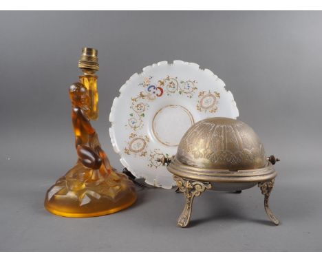 A Bohemian opaque white glass shaped edge dish with gilt and enamelled scrolled and floral decoration, 10" dia, an Art Nouvea