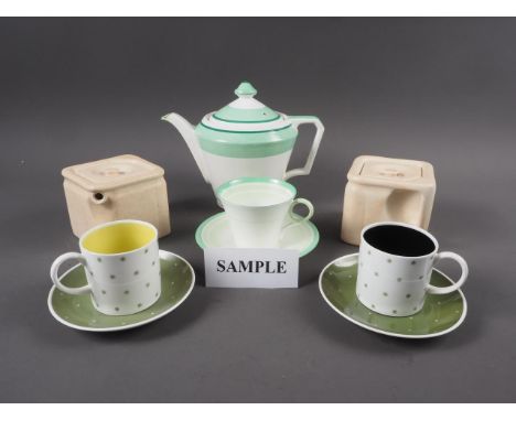Two Cunard White Star cube teapots, a Paragon bone china teapot, three matching cups and saucers, three Susie Cooper coffee c